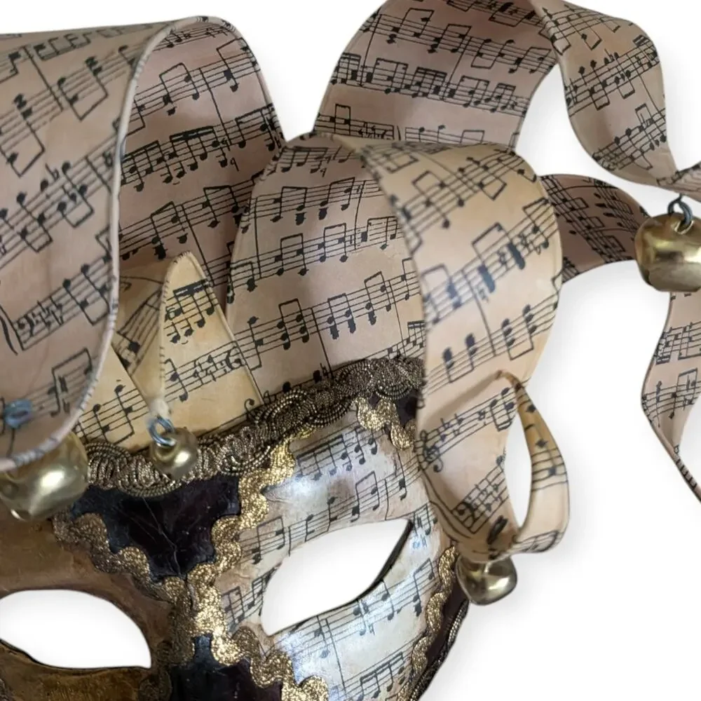 Venetian Jolly Mask with Musical Notes Golden Bells Handmade in Italy Masquerade